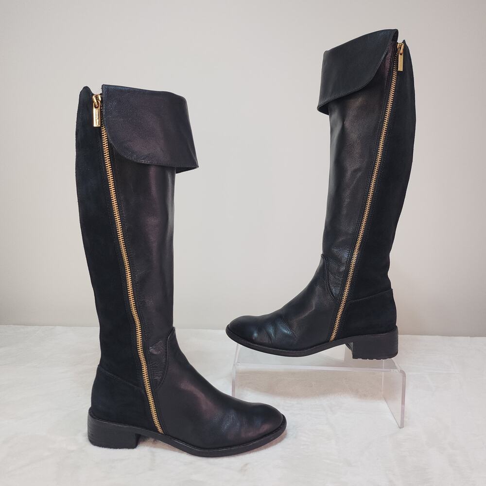 Whimsigoth Equestrian Black Leather Knee High Boots 7 Steampunk Gold Glam Goth - Picture 2 of 14
